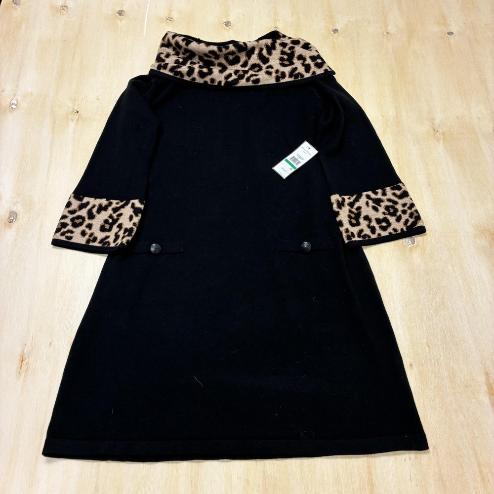 Jessica Howard Dress Womens L Black Leopard 3/4 Sleeve Cowl Neck Sweater Knit